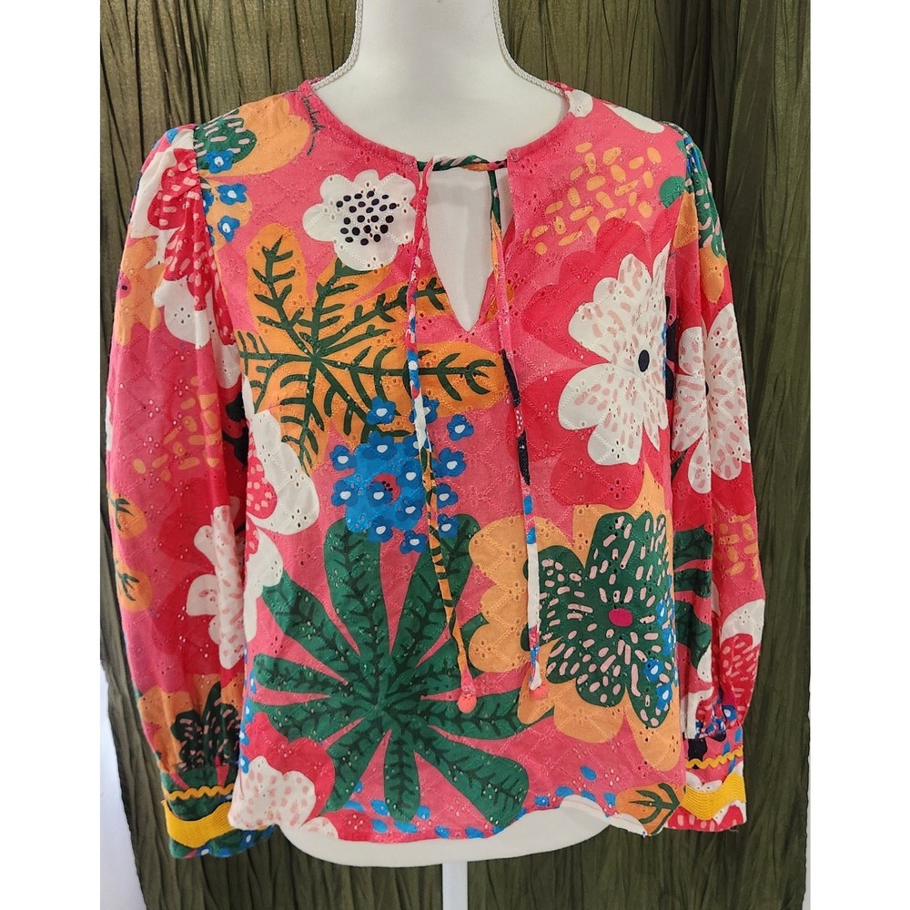 Emily‎ Lovelock Shirley Blouse Pink Floral Eyelet Puff Sleeve Top Small - Picture 2 of 6